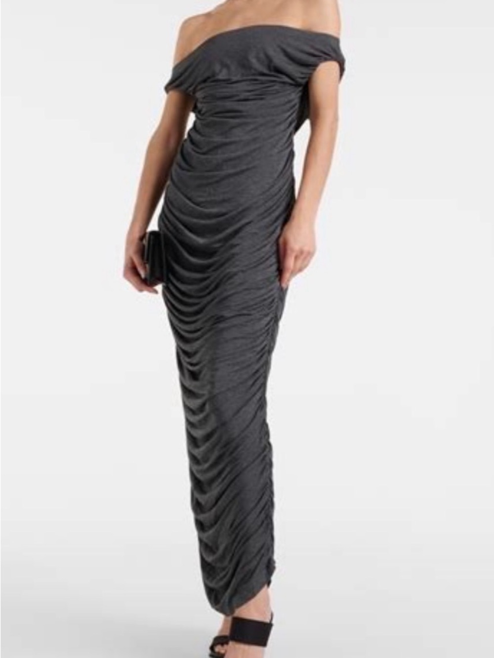 Normal Kamali, Grey draped off shoulder maxi dress